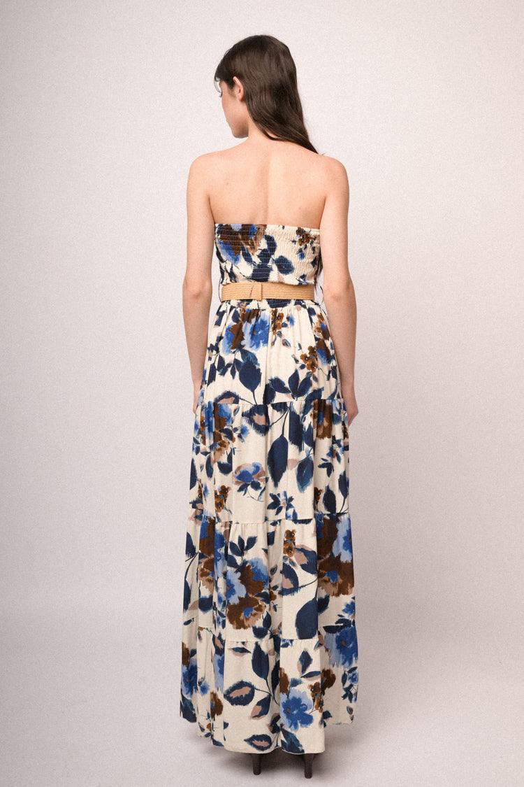 Abito lungo a punto smock con stampa floreale multicolor