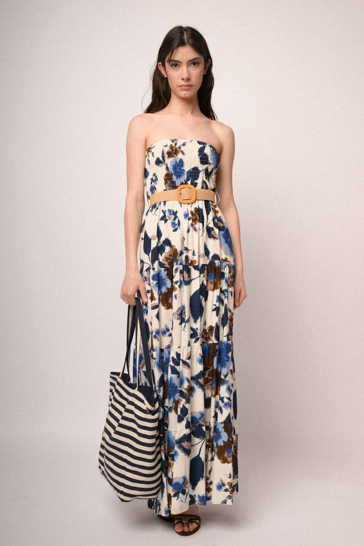 Abito lungo a punto smock con stampa floreale multicolor