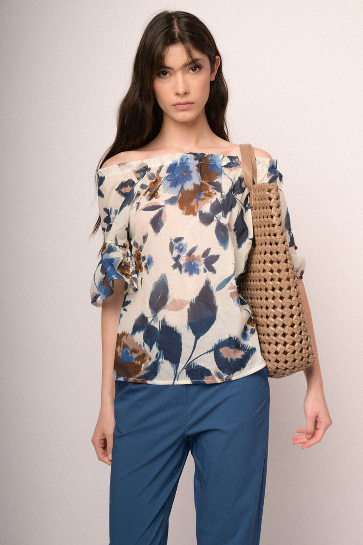 Blusa a spalle scoperte con stampa floreale multicolor