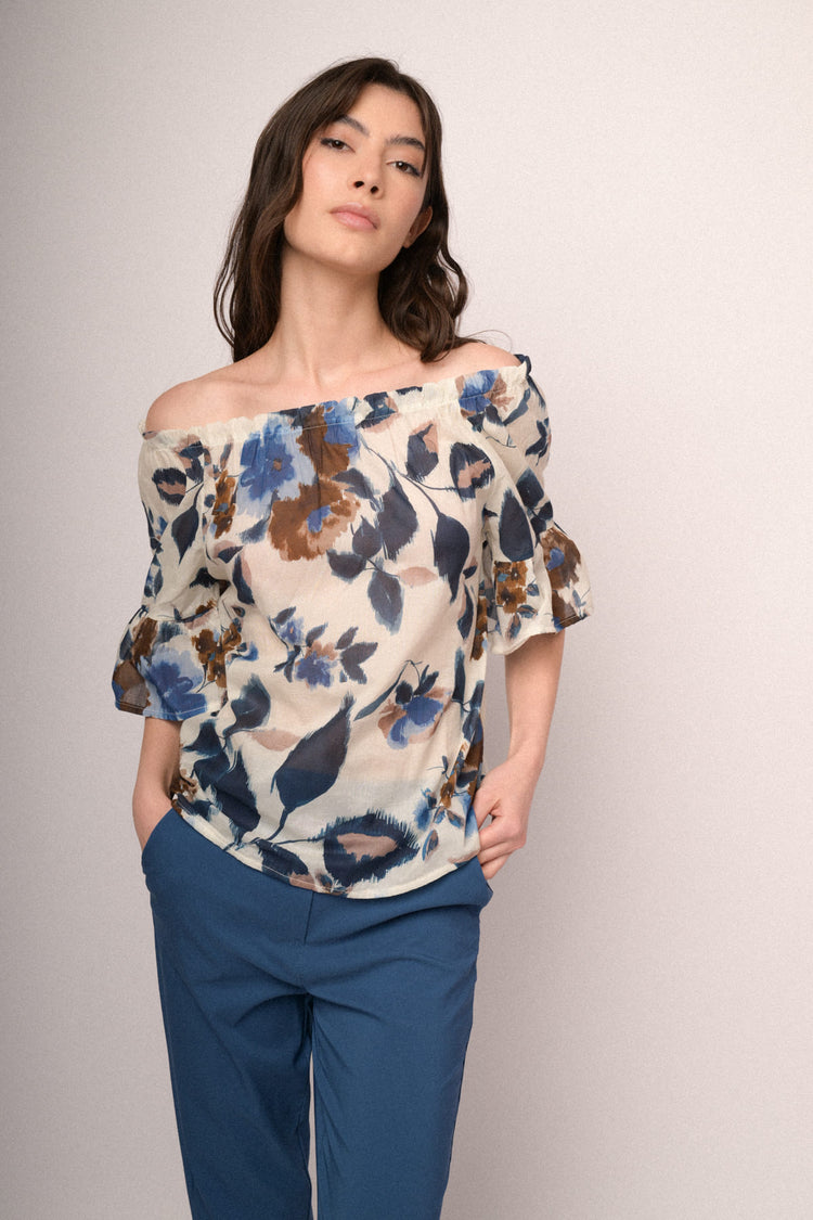Blusa a spalle scoperte con stampa floreale multicolor