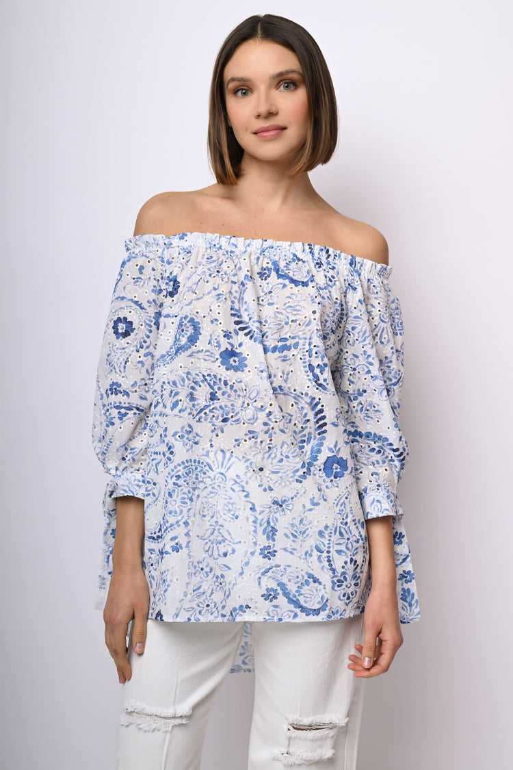 Blusa in pizzo Sangallo con spalle scoperte