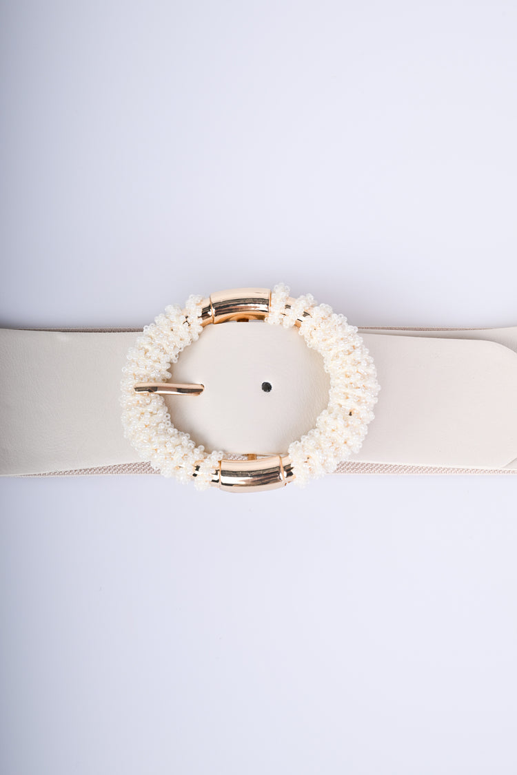 Cintura elastica con fibbia tonda in perline