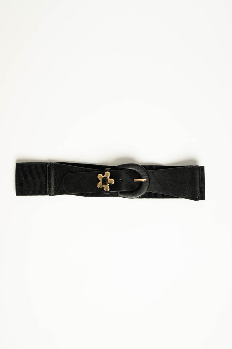 Cintura elastica in similpelle nera con fiore
