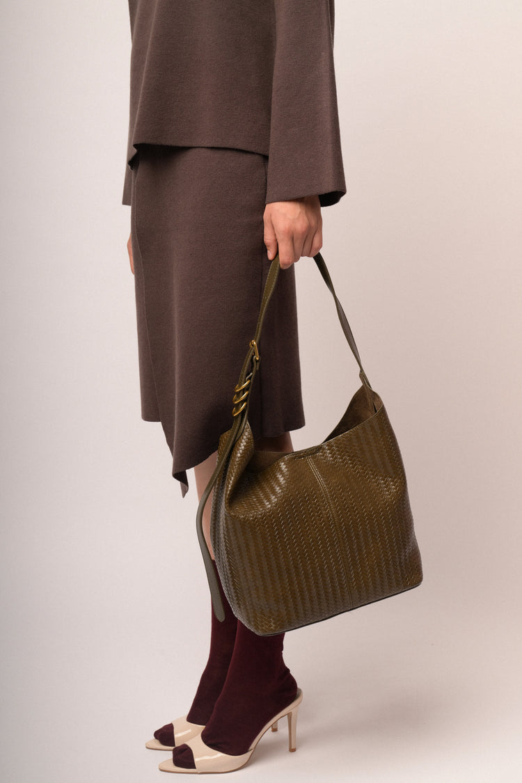 Borsa a spalla in similpelle intrecciata kaki