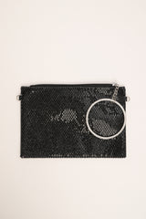 Pochette in strass neri con manico a cerchio