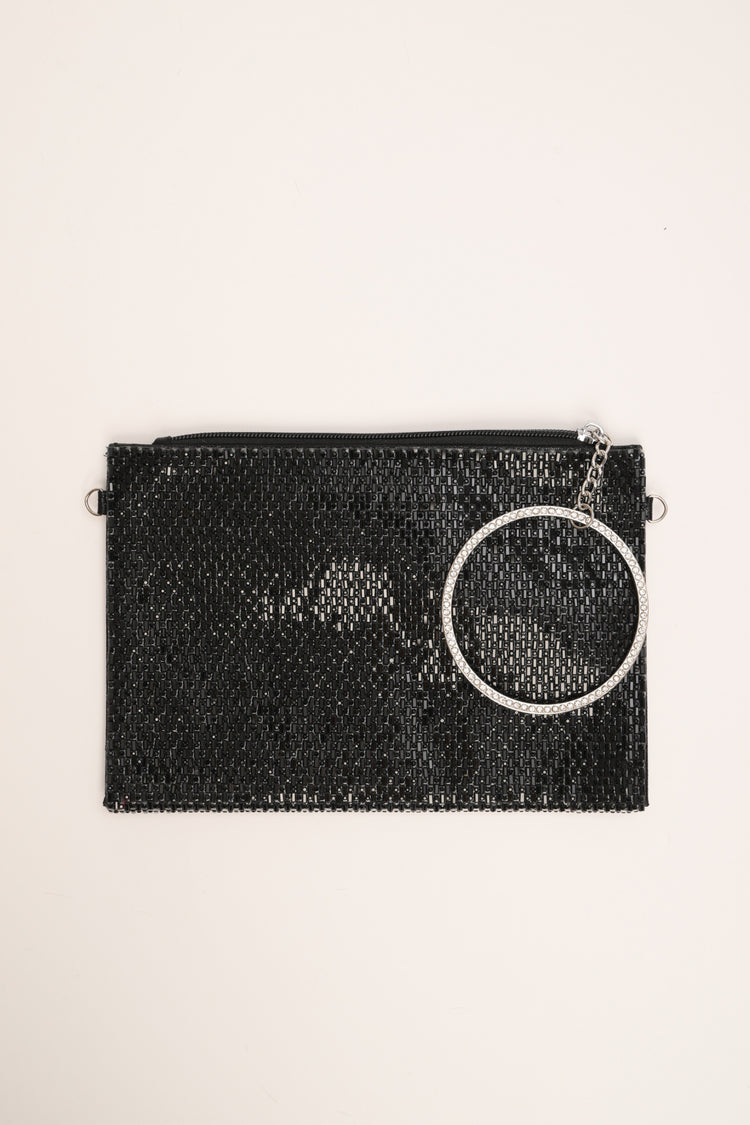 Pochette in strass neri con manico a cerchio