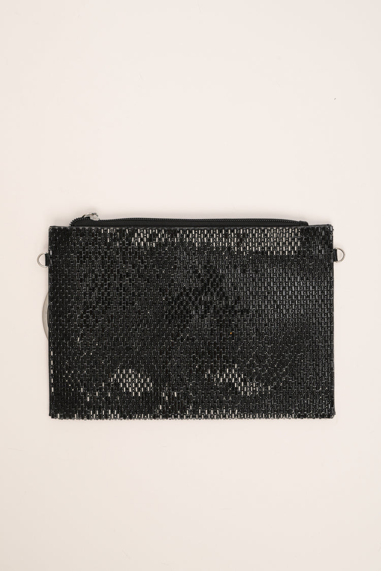 Pochette in strass neri con manico a cerchio
