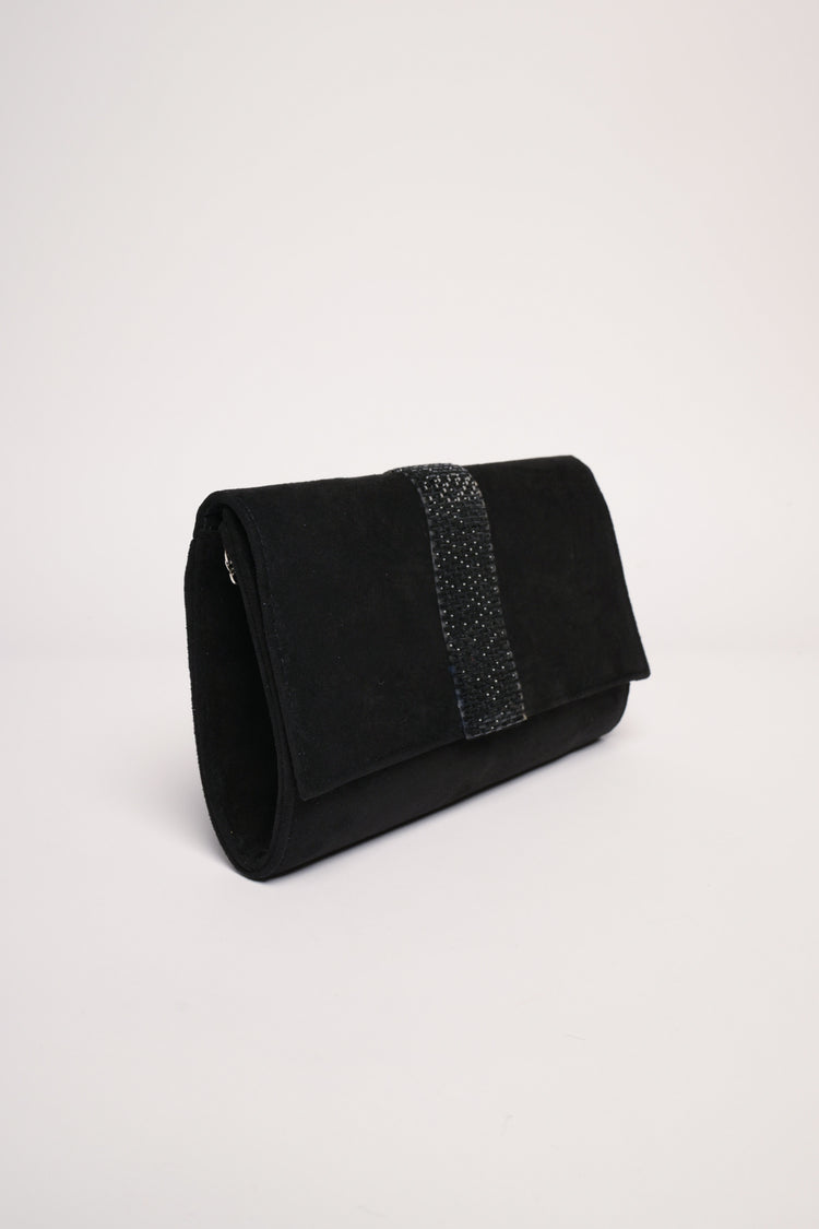Pochette in velluto nero con banda in strass