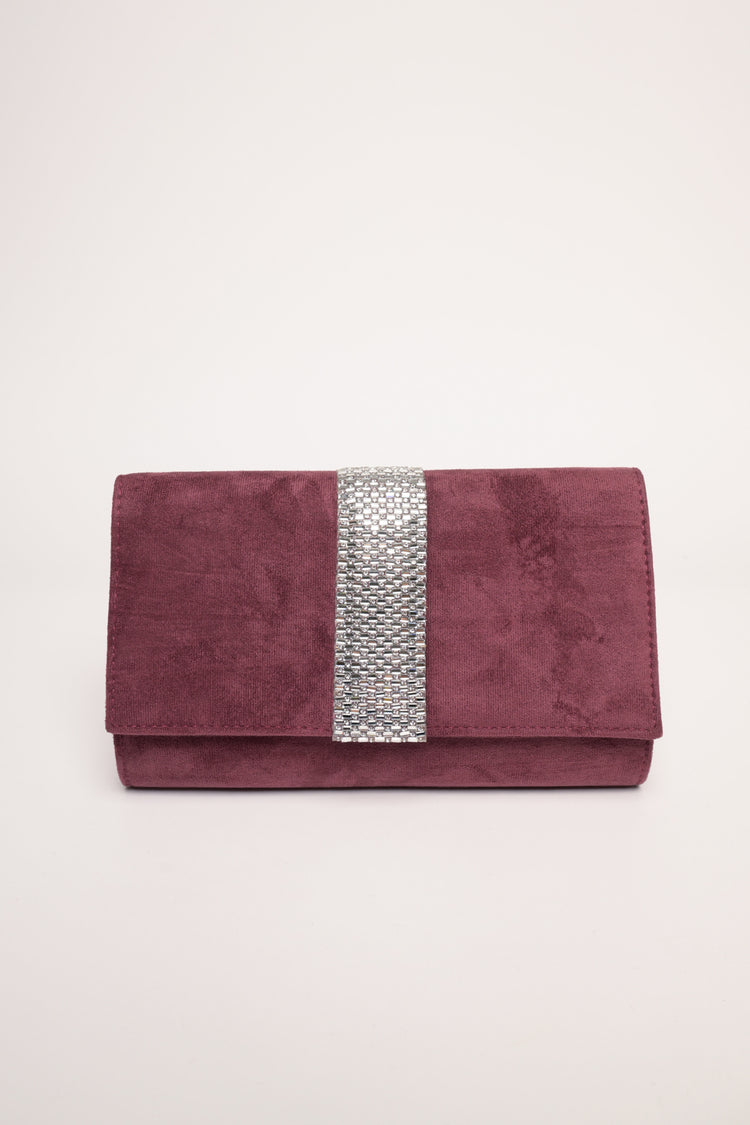 Pochette in velluto bordeaux con banda in strass