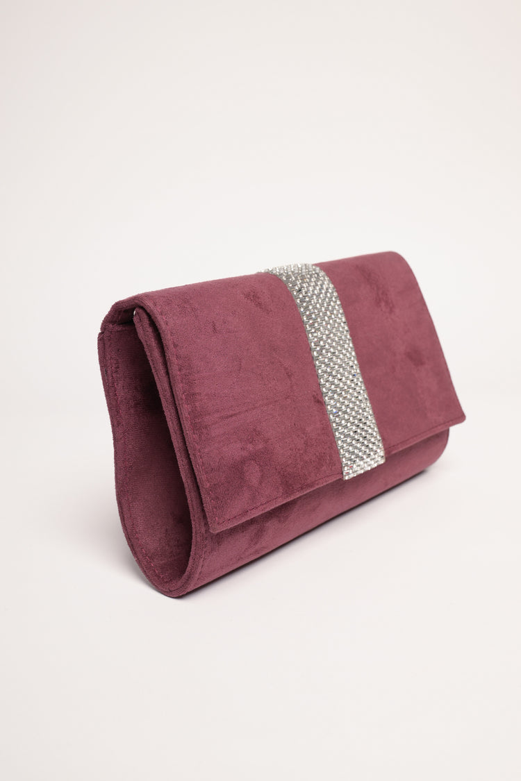 Pochette in velluto bordeaux con banda in strass