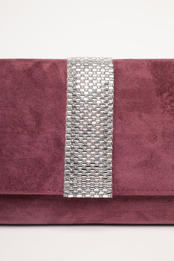 Pochette in velluto bordeaux con banda in strass