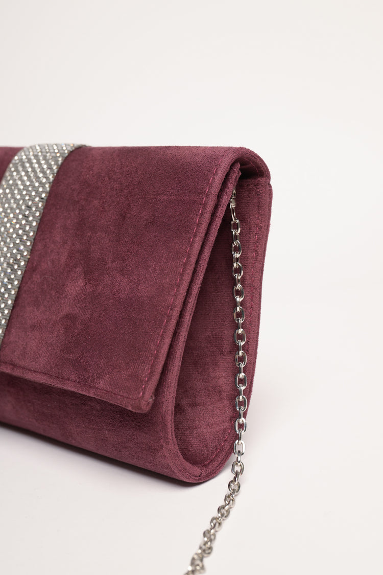Pochette in velluto bordeaux con banda in strass