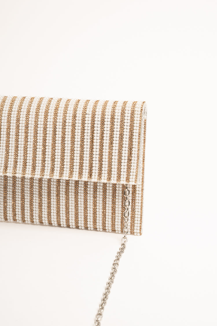 Pochette a righe con perline e strass oro e bianco