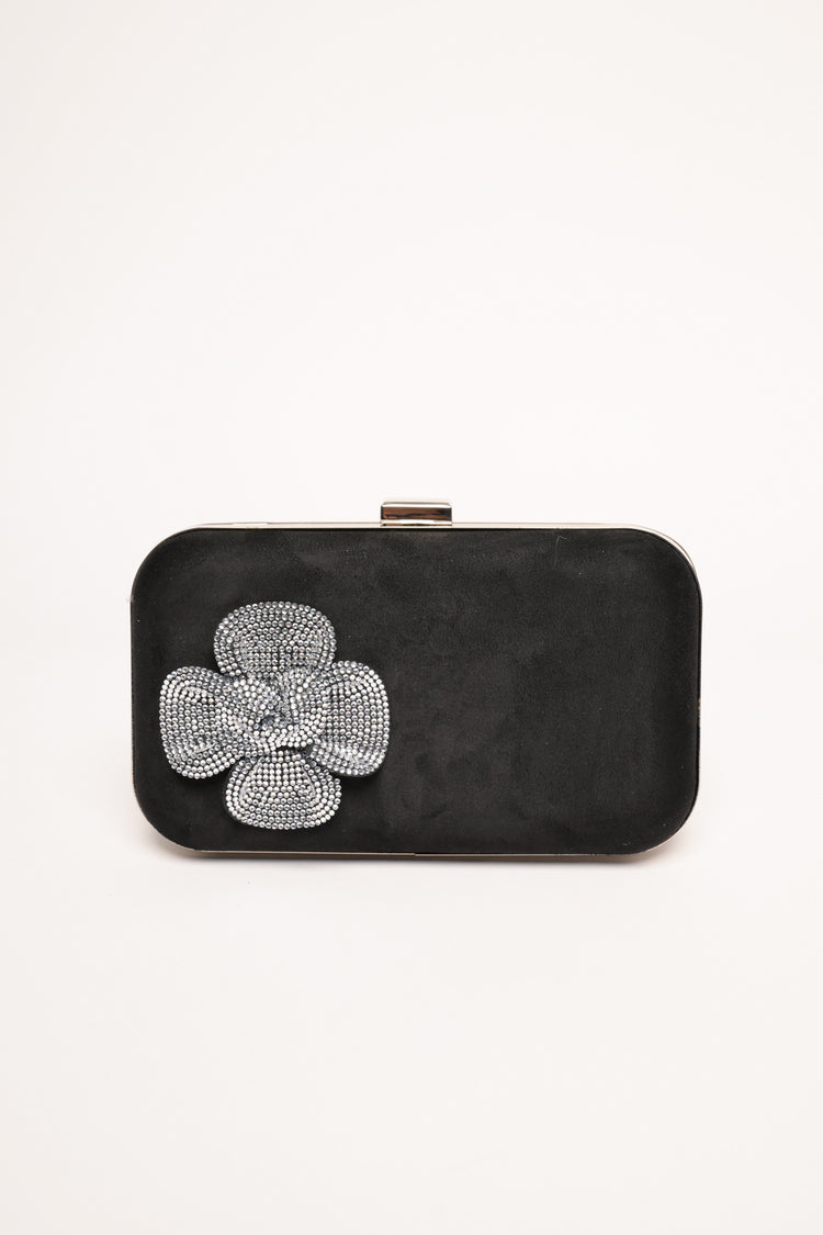 Clutch rigida in faux suede con fiore in strass