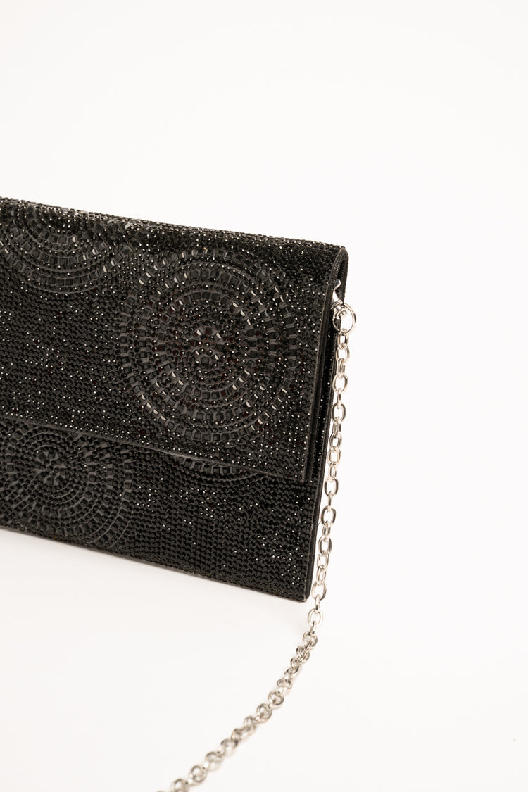 Pochette in strass con decorazione cerchi nera