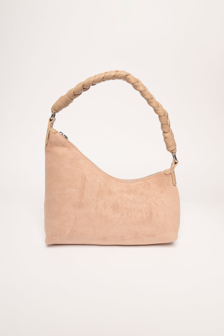 Borsa asimmetrica in faux suede beige rosato