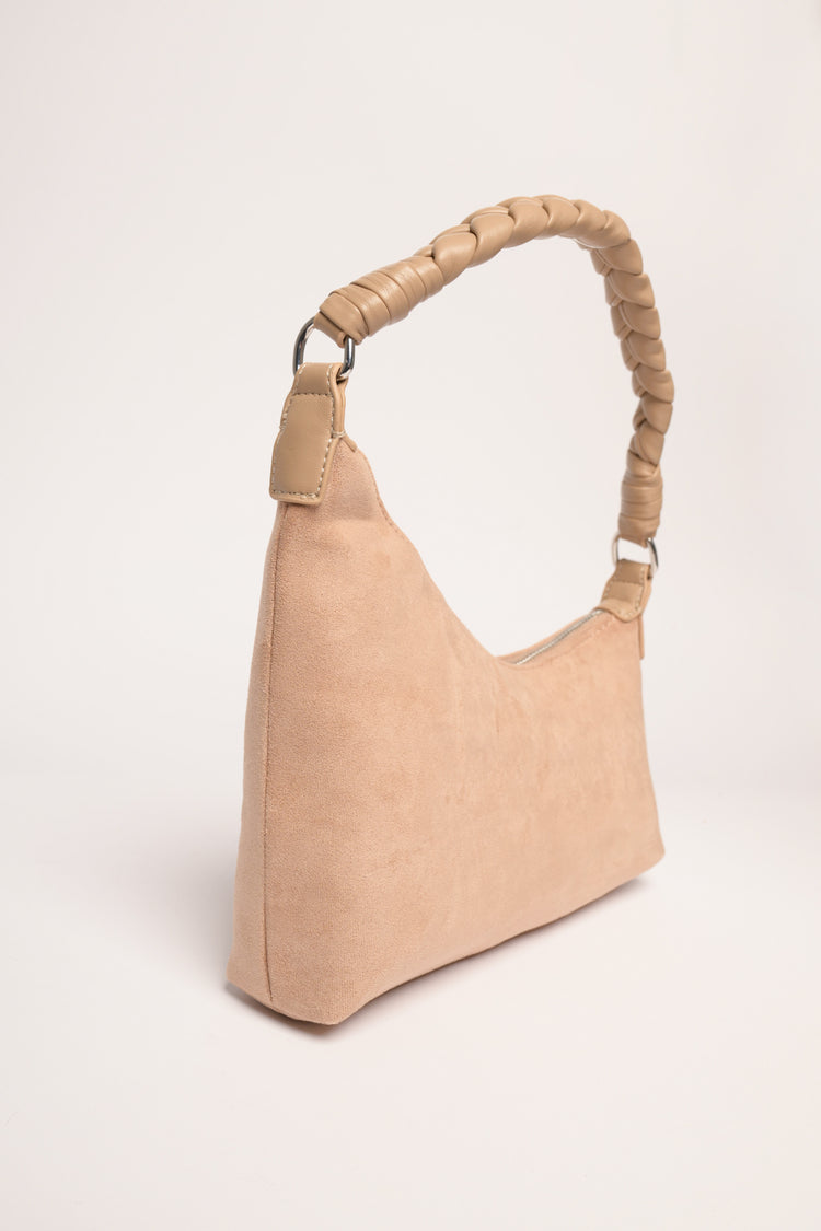 Borsa asimmetrica in faux suede beige rosato