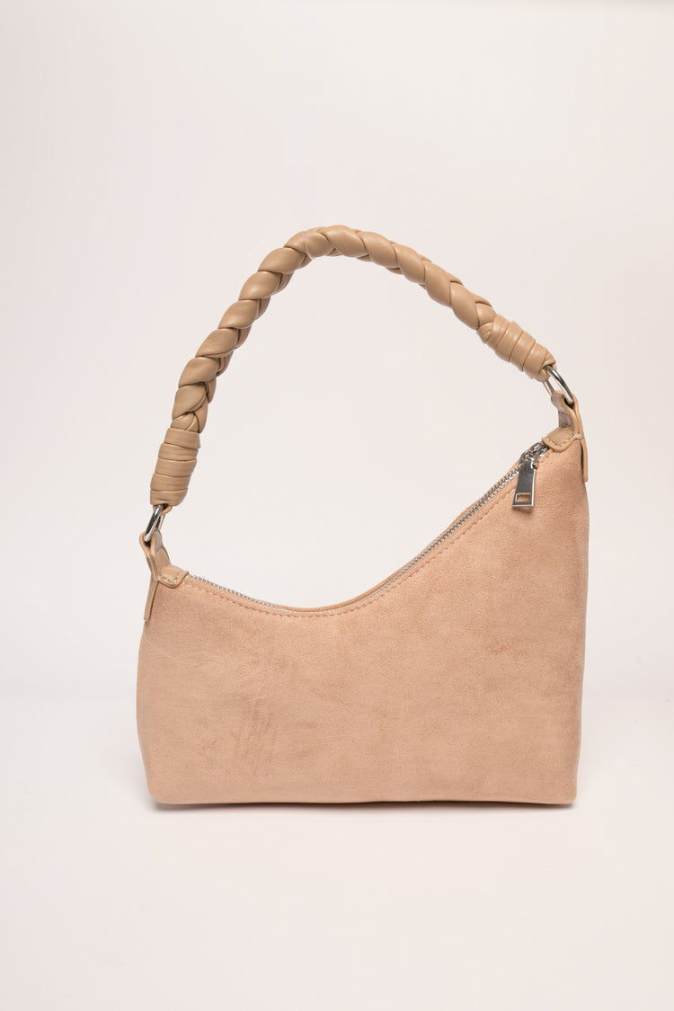 Borsa asimmetrica in faux suede beige rosato