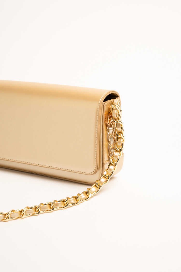 Pochette in similpelle beige con tracolla a catenella