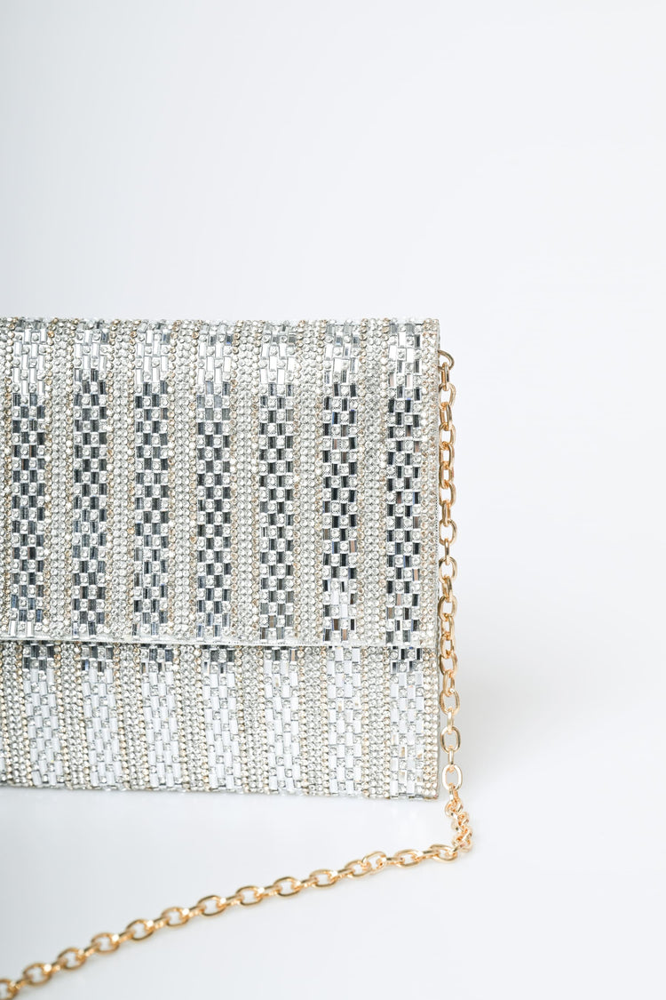 Pochette a righe in strass