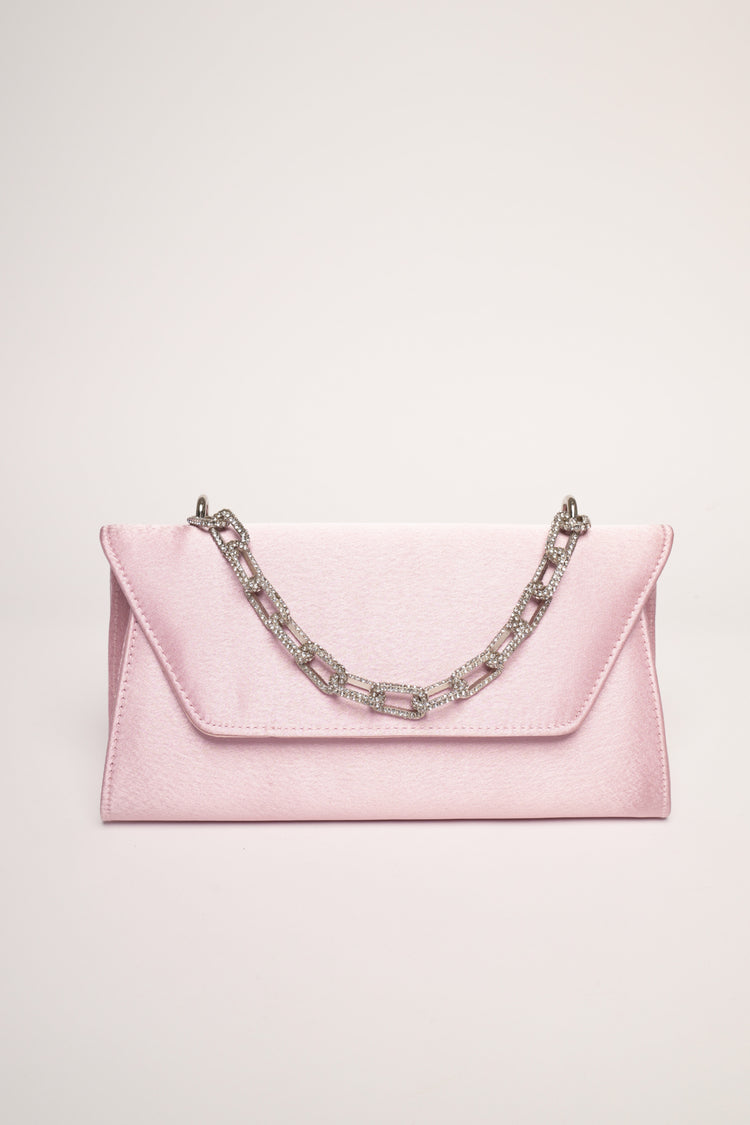 Pochette in raso rosa con manico-gioiello