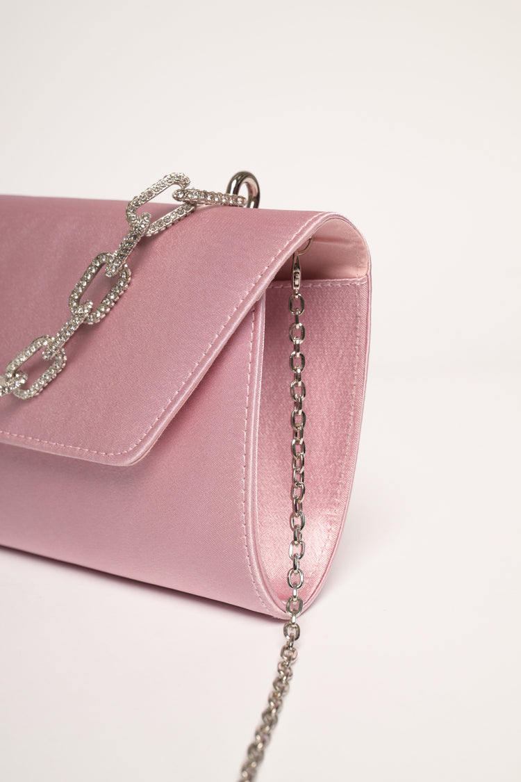 Pochette in raso rosa con manico-gioiello