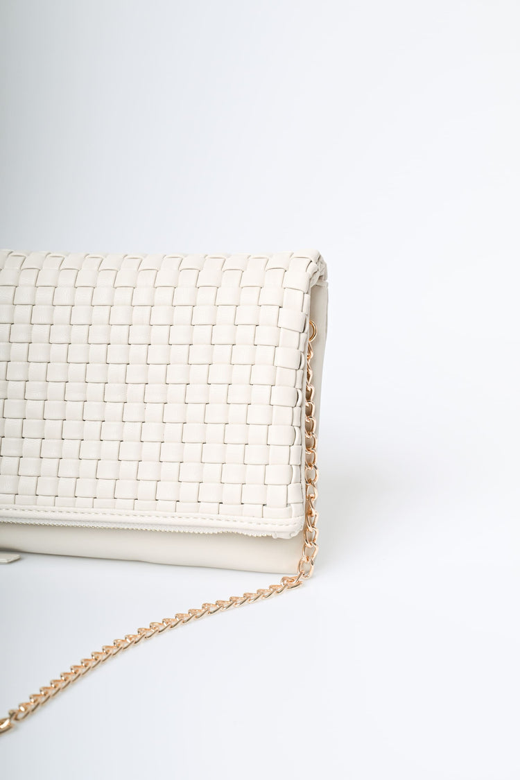 Pochette in similpelle intrecciata avorio con zip