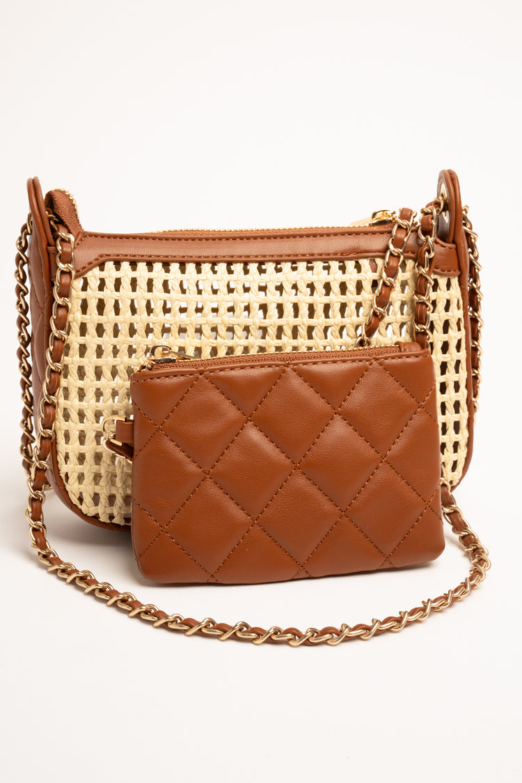 Borsa in paglia beige e cuoio con pochette interna