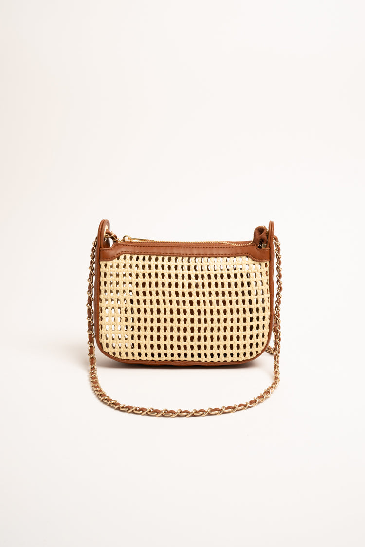 Borsa in paglia beige e cuoio con pochette interna