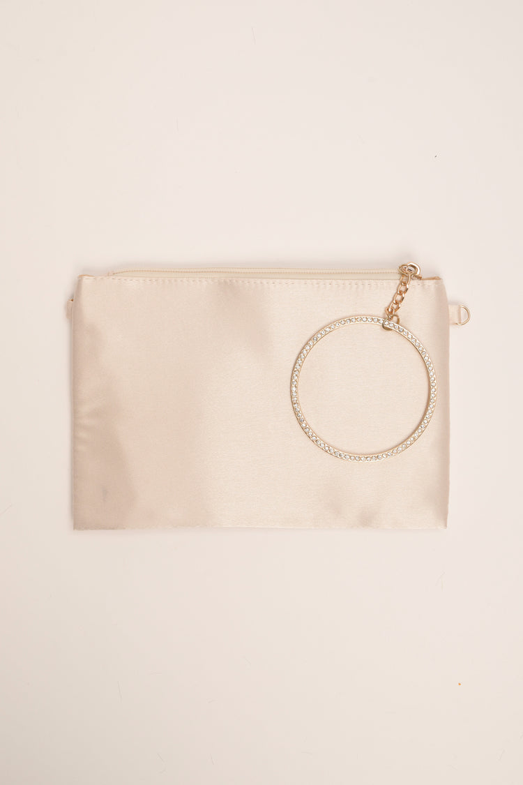 Pochette in raso avorio con manico a cerchio