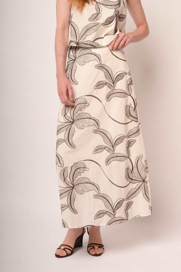 Gonna lunga beige in cotone con ricamo palm