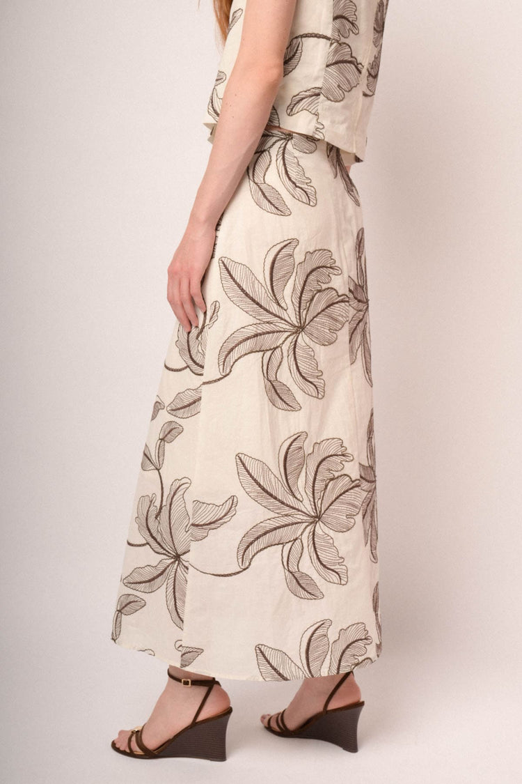 Gonna lunga beige in cotone con ricamo palm