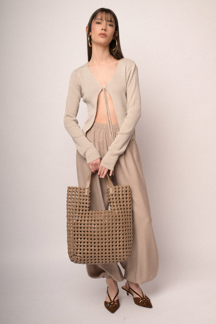 Borsa tote grande in similpelle intrecciata beige