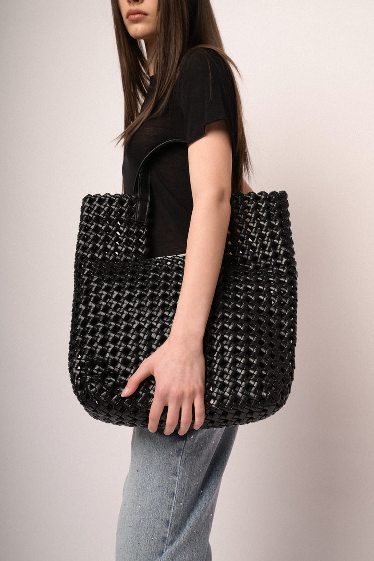 Borsa tote grande in similpelle intrecciata nera