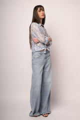 Camicia in organza misto lyocell celeste con ricami