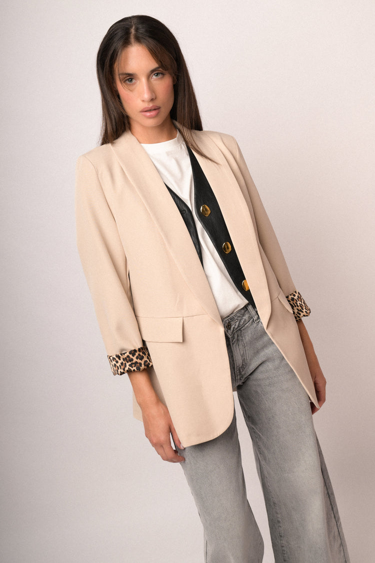 Blazer open-style beige con fodera animalier