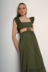 Abito lungo con rouches e punto smock