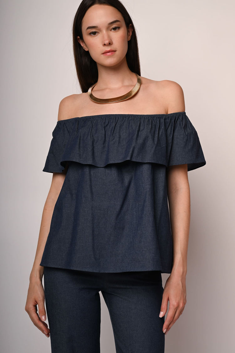 Top in denim con volant