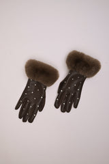 Guanti in similpelle con polsini in faux fur e strass