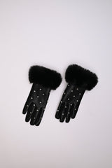 Guanti in similpelle con polsini in faux fur e strass