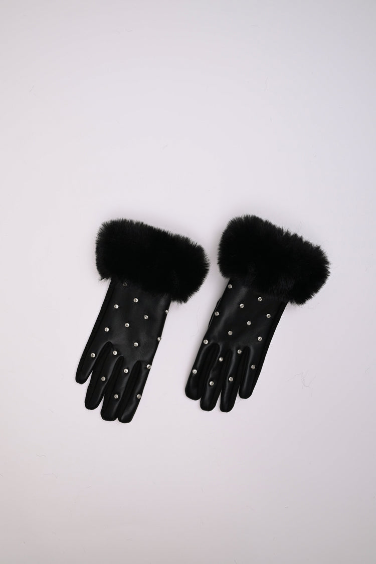 Guanti in similpelle con polsini in faux fur e strass
