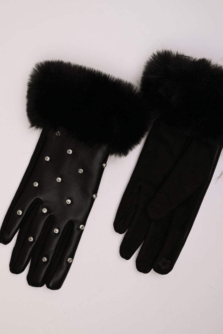 Guanti in similpelle con polsini in faux fur e strass